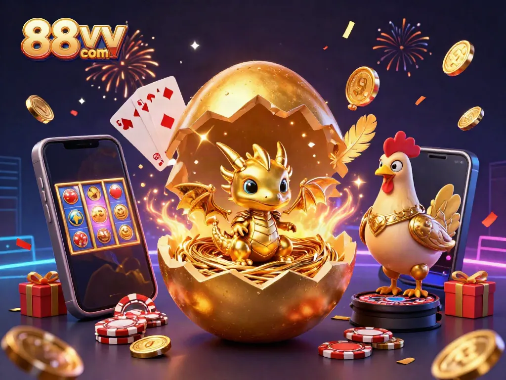 Experience the magical excitement of 88vv com with a golden dragon amidst casino-themed elements.
