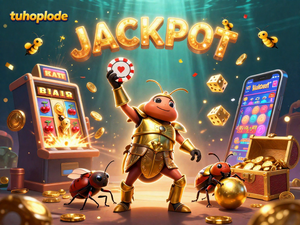 Engage with tuhoplode's vibrant jackpot scene featuring a victorious beetle and exciting slot elements.