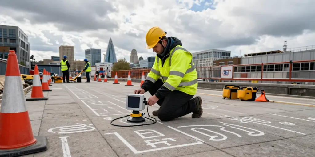 Underground Utility Survey London with surveyor using GPR to map buried utilities on construction site.