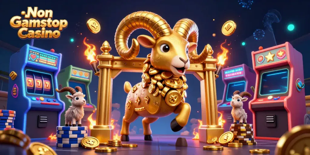 Engage with top Non Gamstop Casino through vibrant 3D illustration of a golden ram charging at a golden gate.