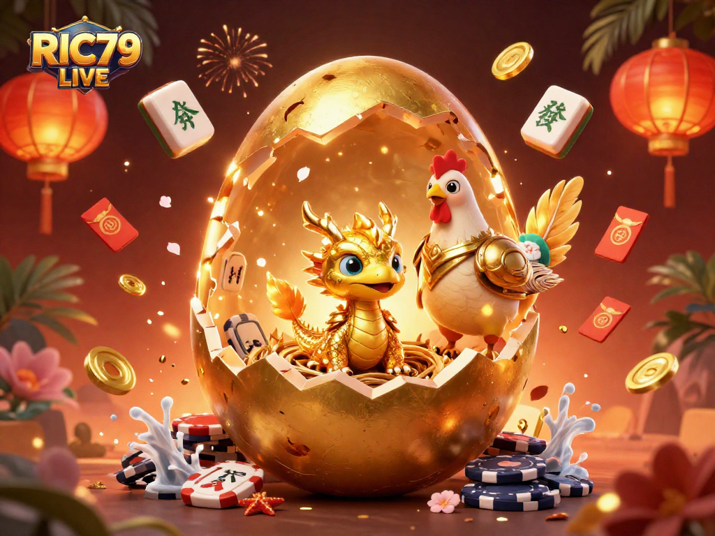 Engage with RIC79 LIVE, featuring a golden dragon among poker chips, in a vibrant casino scene.