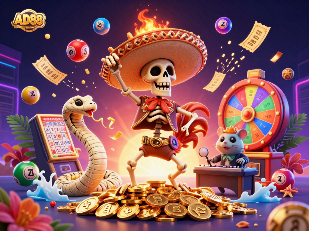 Experience the excitement of AD88 with a festive 3D casino scene featuring vibrant characters and dynamic gaming elements.