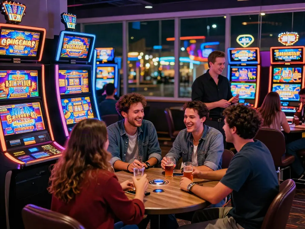 Diverse group celebrating as they play non GamStop slots in a vibrant casino.