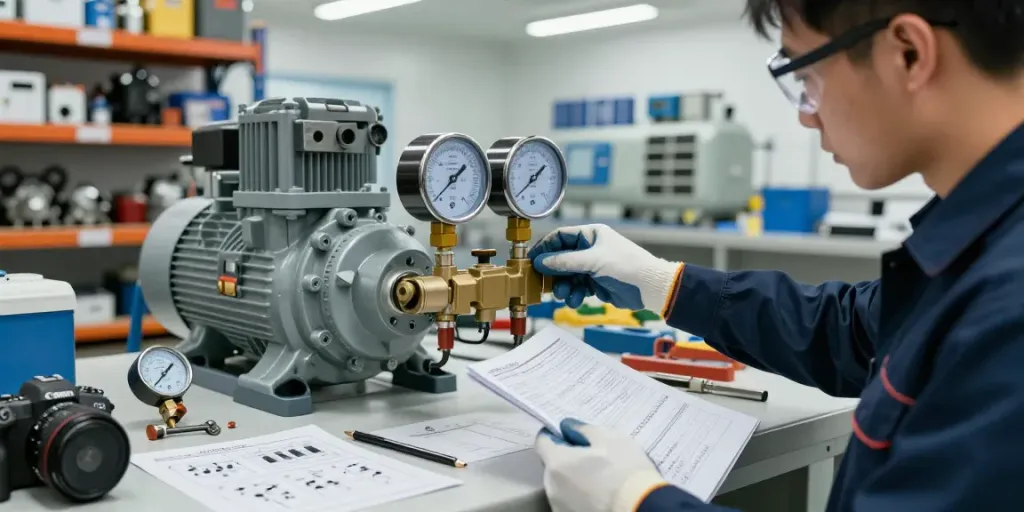 Technician inspecting a water pump pressure switch in an industrial workshop