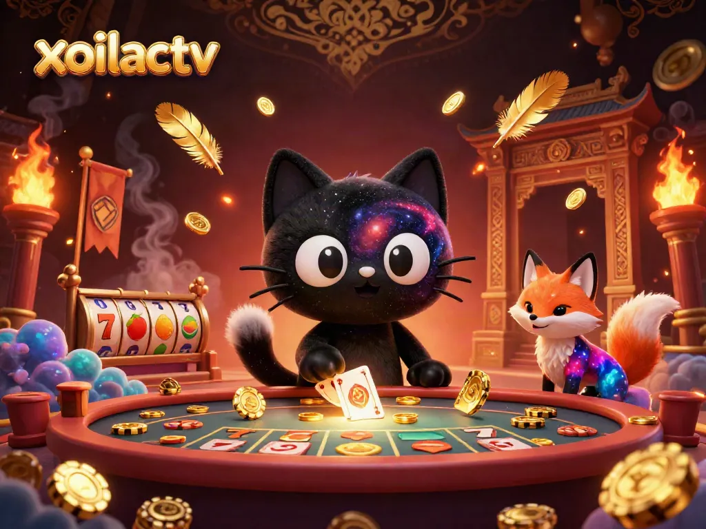 Engage with xoilactv's cosmic casino experience featuring a black hole cat and nebula fox in a vibrant atmosphere.
