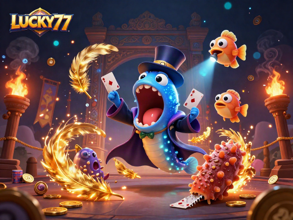 LUCKY77 card tricks with vibrant characters in a magical casino-themed illustration.