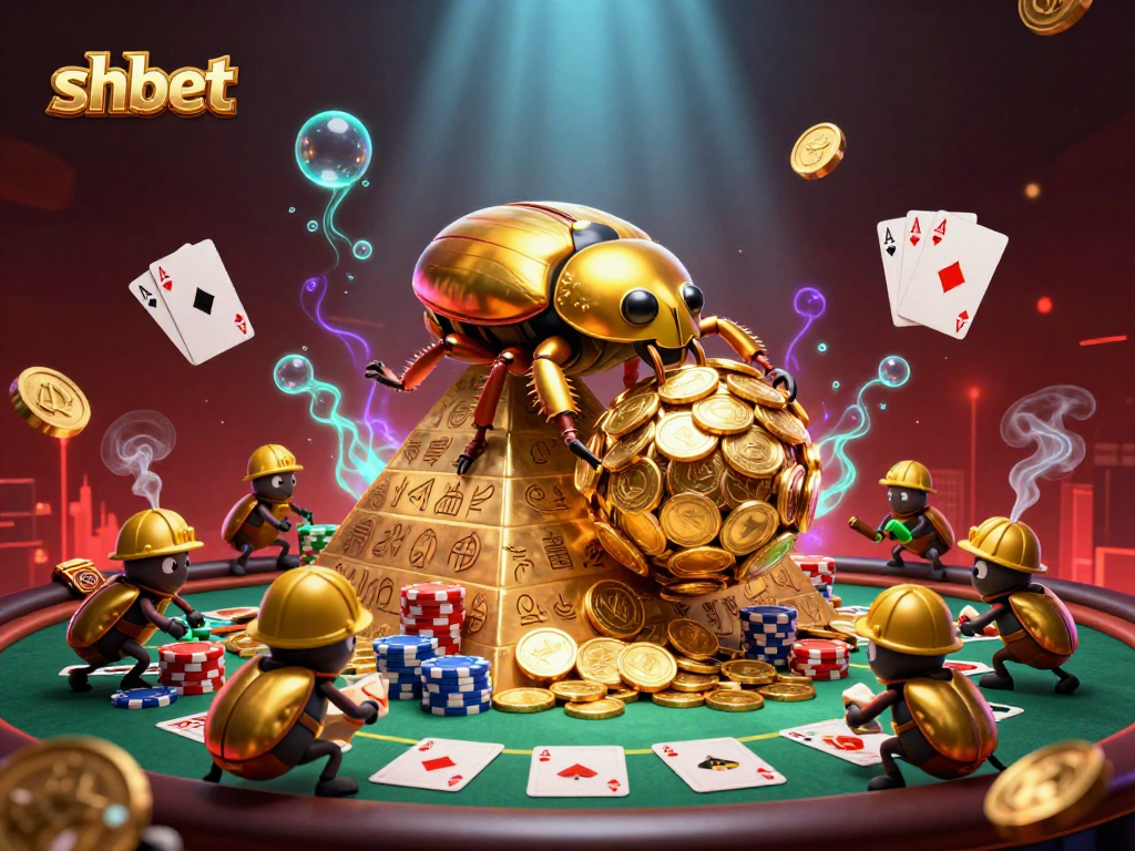 Experience thrilling casino action with shbet's dynamic illustration showcasing a golden dung beetle rolling wealth.