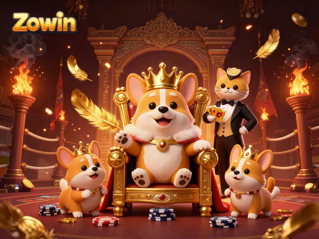 Zowin brings excitement with a royal corgi on a poker chip throne in an enchanting casino scene.