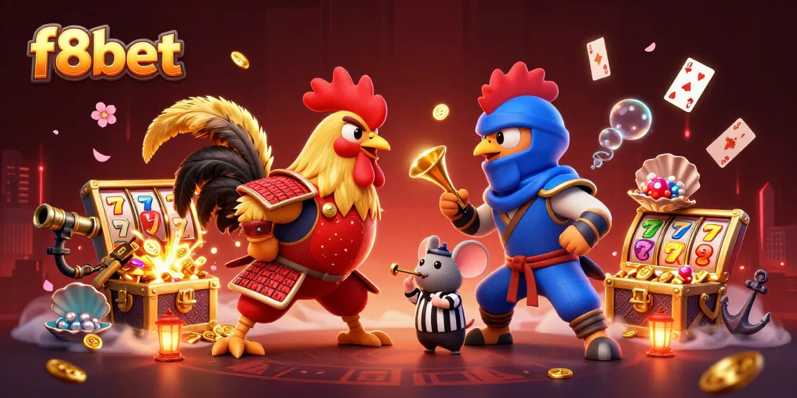 Experience the excitement of f8bet with thrilling roosters and casino elements in this vibrant illustration.