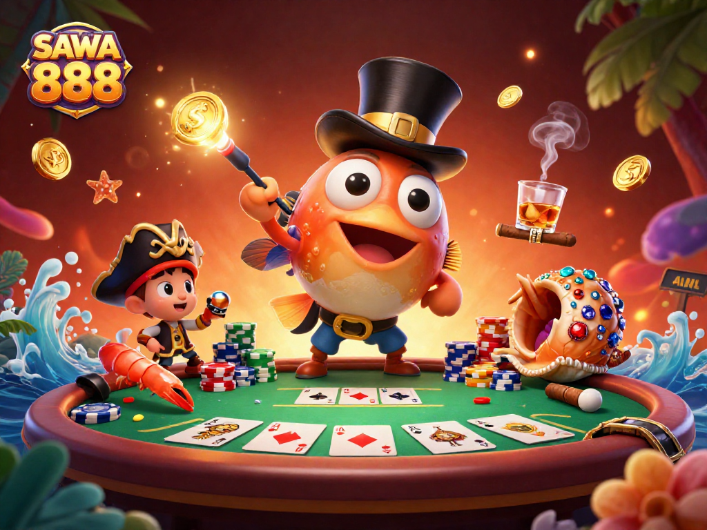Experience the thrill of SAWA 888 with dynamic characters and vibrant casino elements in this engaging illustration.