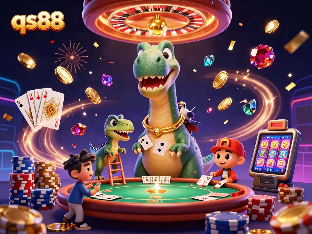 Engage in thrilling gameplay at qs88, featuring a vibrant casino scene with a towering brontosaurus!
