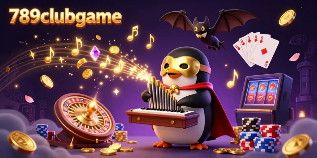 Experience the excitement of gameplay at 789clubgame with a whimsical penguin and bat acrobat in a casino-themed scene.