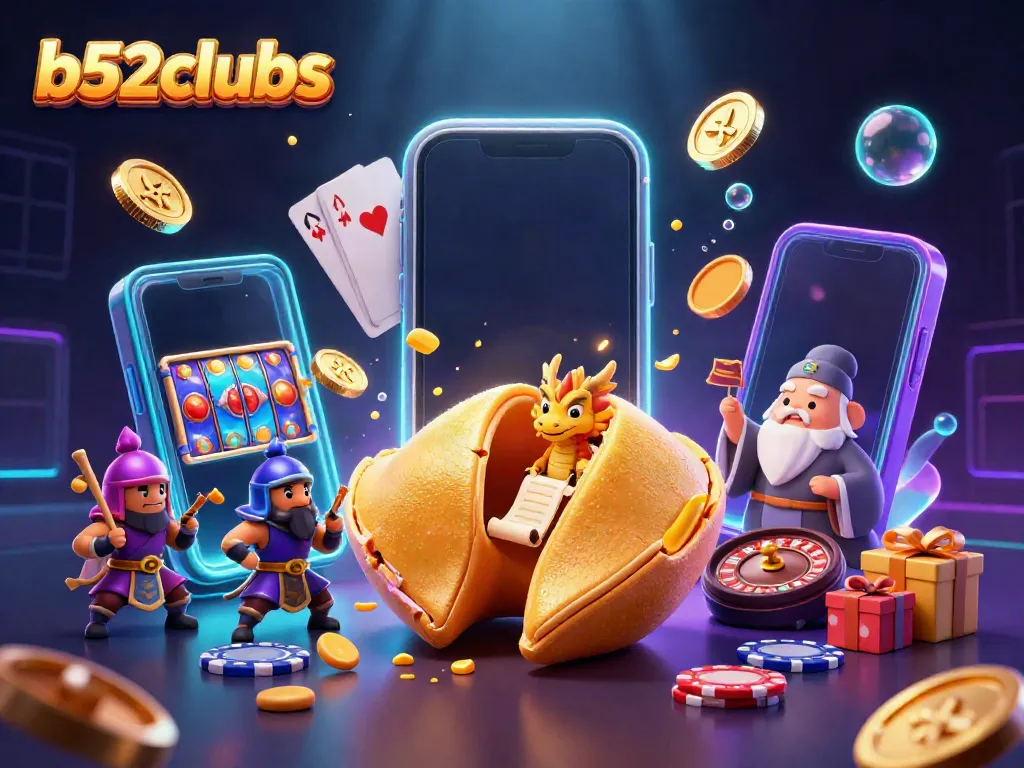Experience thrilling wins with b52clubs in a vibrant fantasy casino illustration filled with fortune symbols.