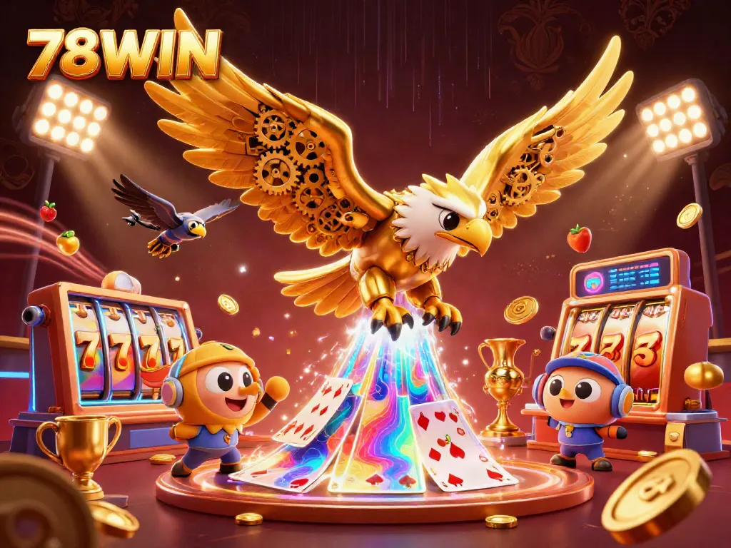 Experience the thrill of 78WIN with a golden eagle diving through colorful slots and holographic cards.