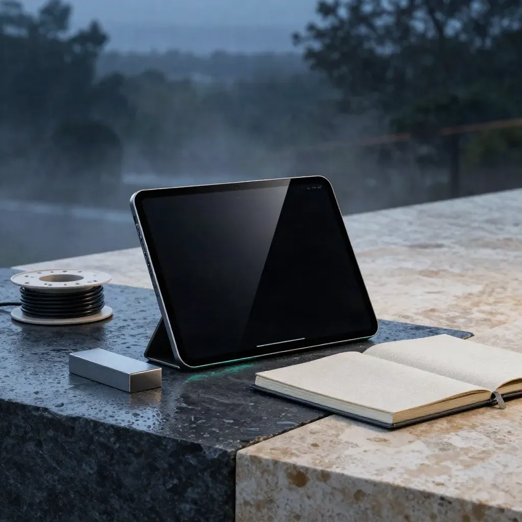 Glass analytics tablet with phone dock, notebook and metal block on wet slate at blue hour.