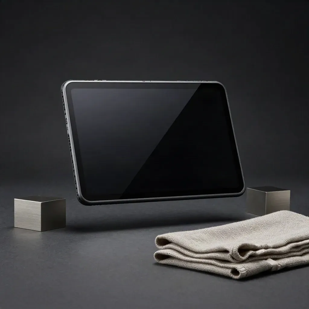 Matte-black analytics tablet with metal blocks and linen floating on charcoal haze.