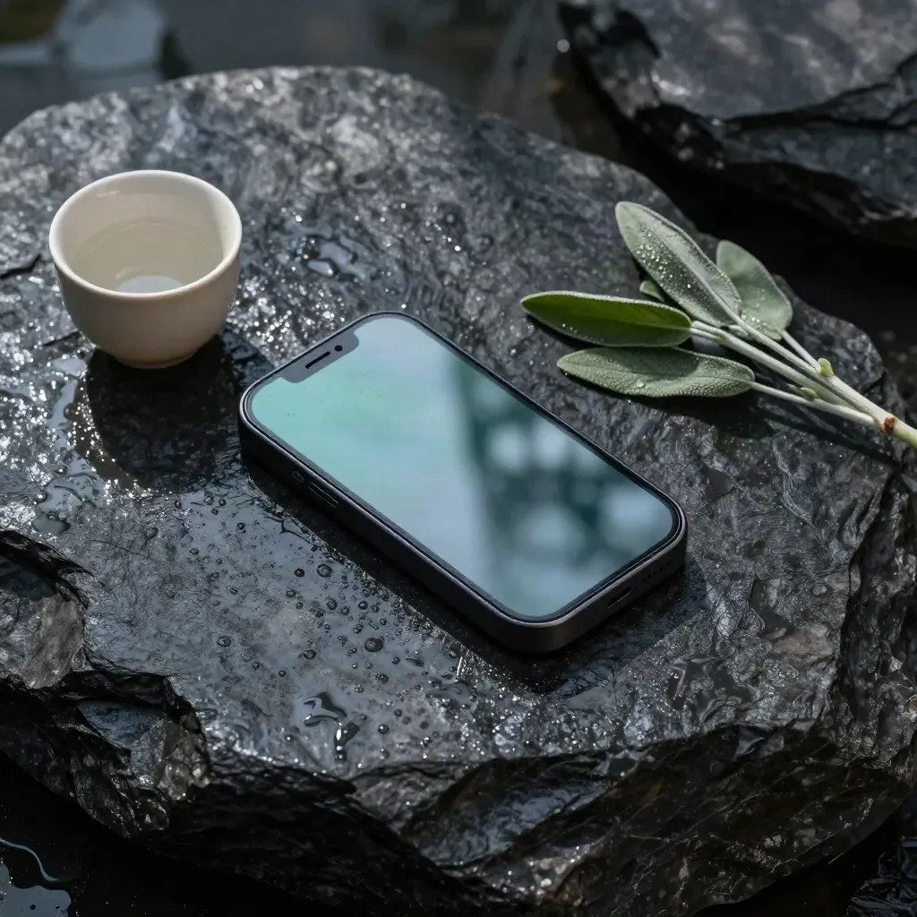 Top-down flat lay of a slim analytics device on wet basalt with a cup and dewy sprig.