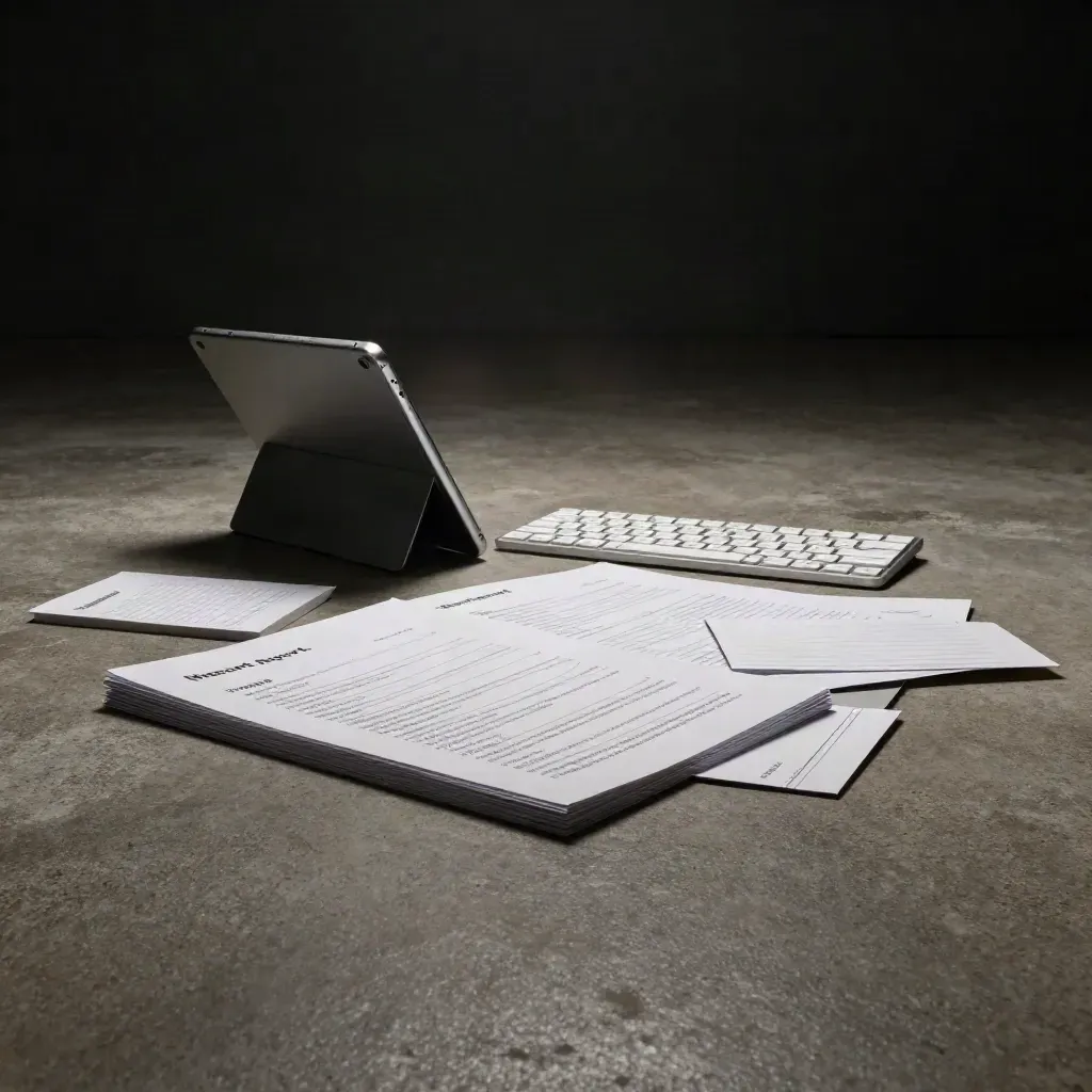 Matte report cards, tablet, keyboard and papers fanned on concrete floor in dramatic studio light.