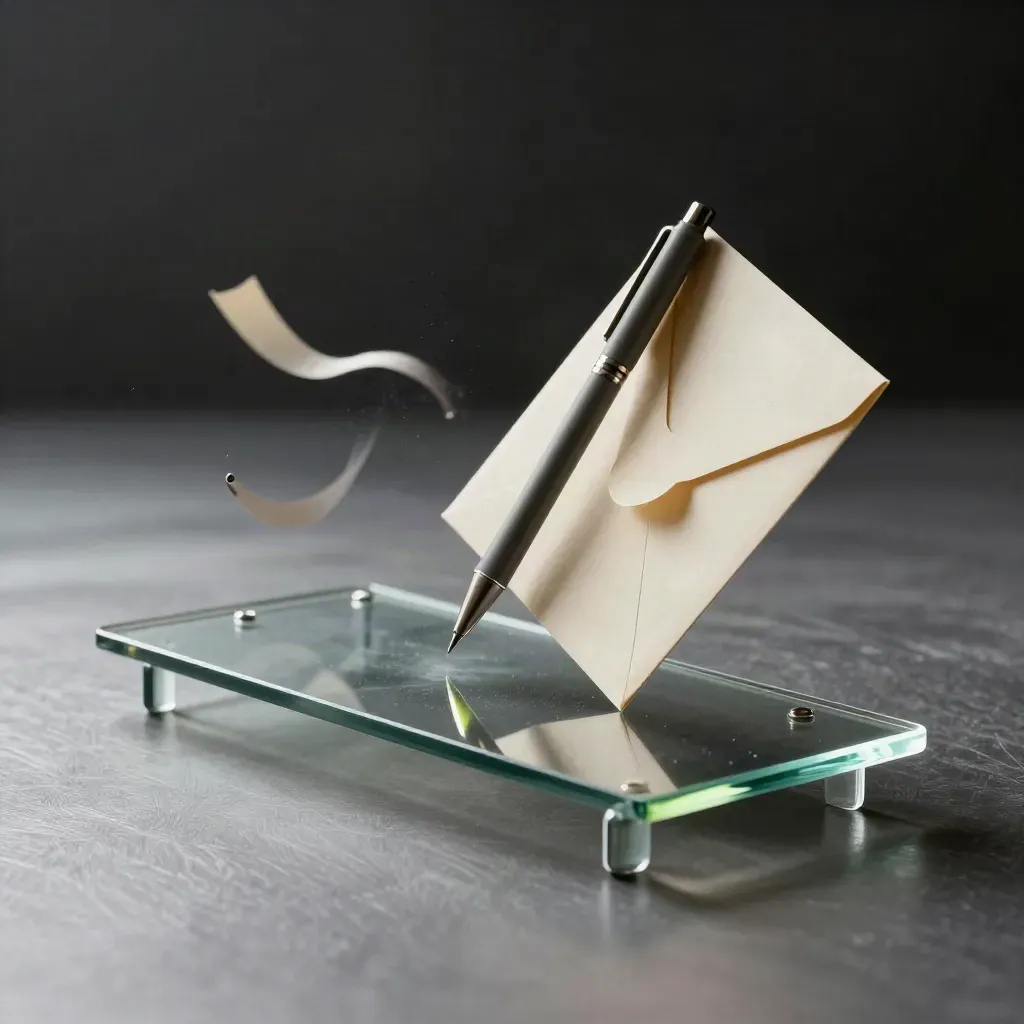 Glass pipeline board, pen, envelope and paper bands floating in soft daylight on pewter.