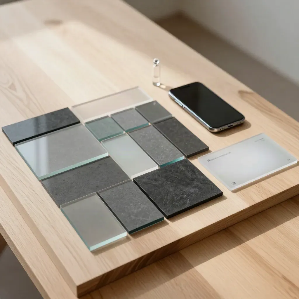 Overhead flatlay of KPI tiles, phone and glass vial on pale wood