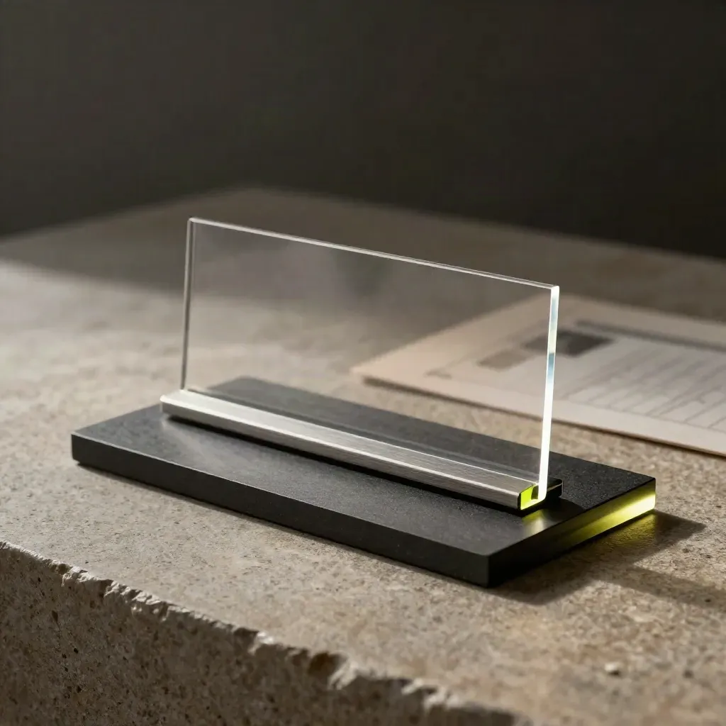 Dark acrylic forecast kit with curved chart strip and brushed-metal spacers on matte stone.