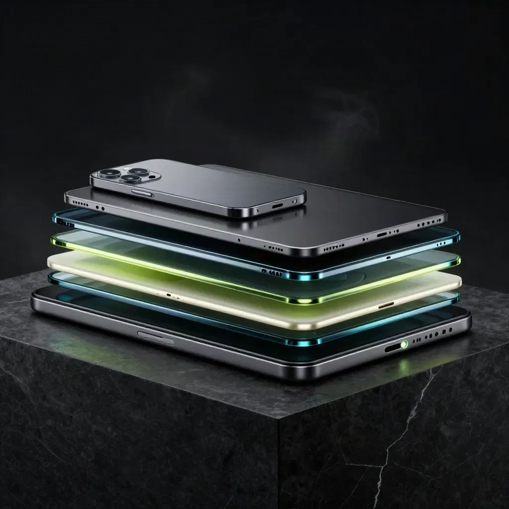 Glass dashboard stack with tablet, phone and glowing hub on dark stone, dramatic low-key product shot.