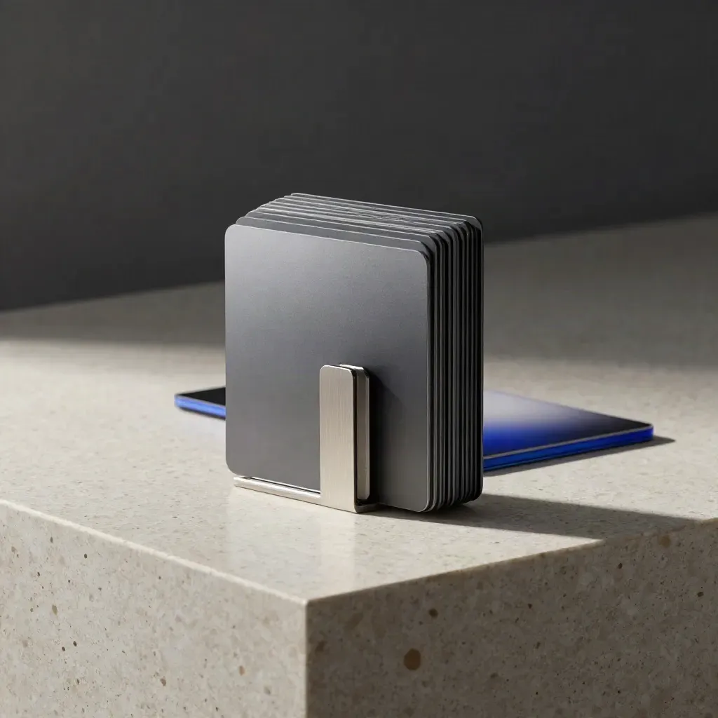 Matte dashboard module stacked on travertine with a blue accent and soft studio light