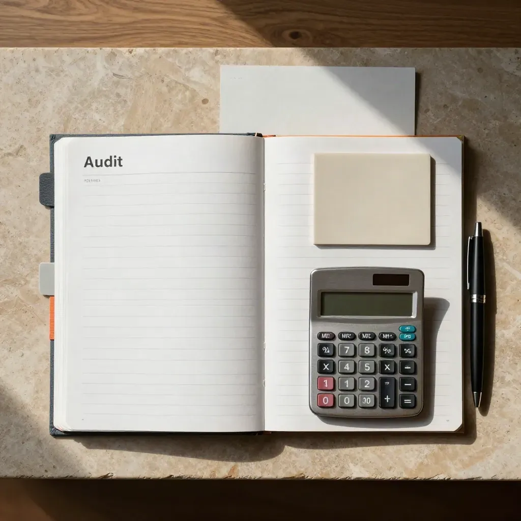 Overhead flatlay of an audit booklet, calculator, pen and display tile on a pale walnut slab.