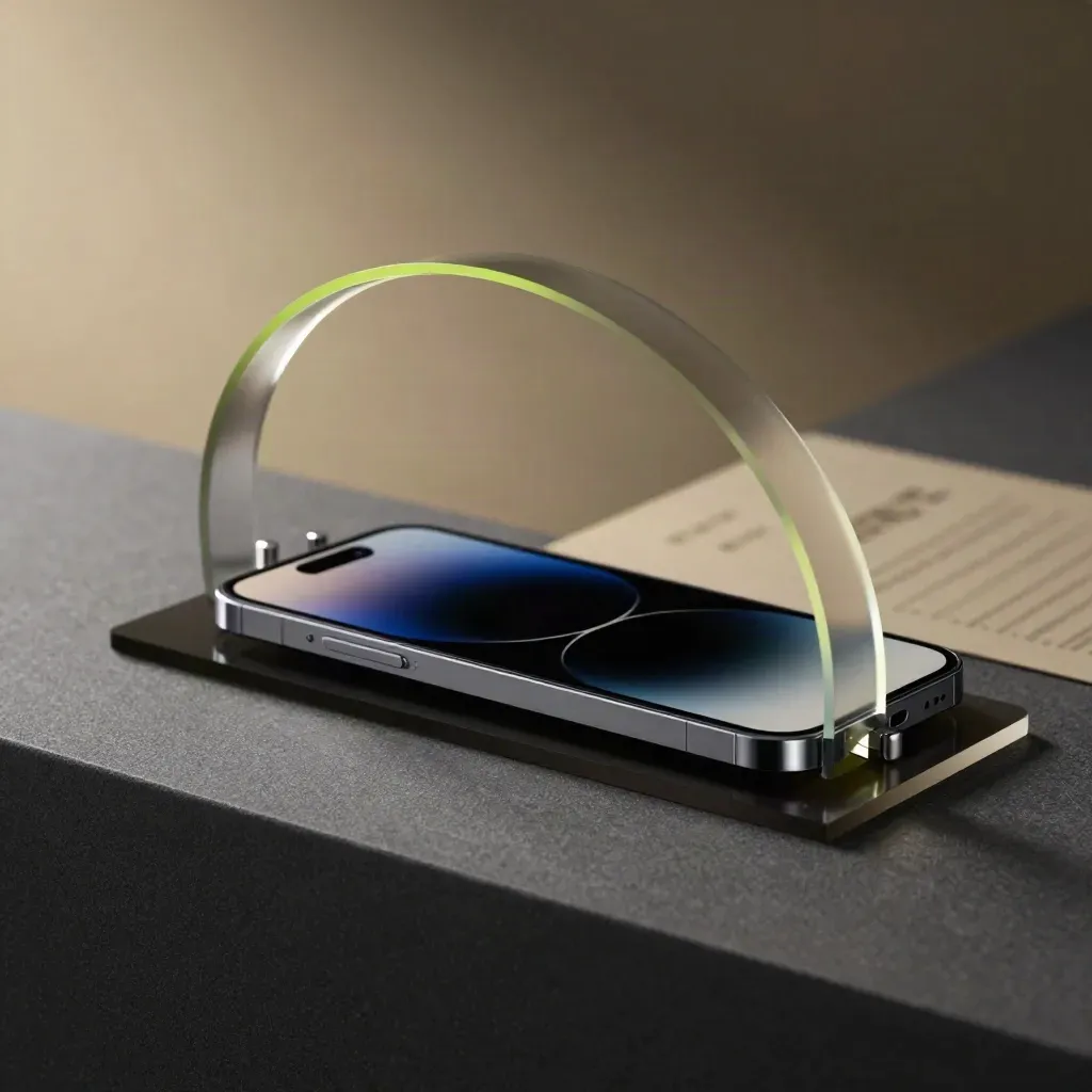 Curved translucent forecast add-on with metal spacers and a phone on dark acrylic.