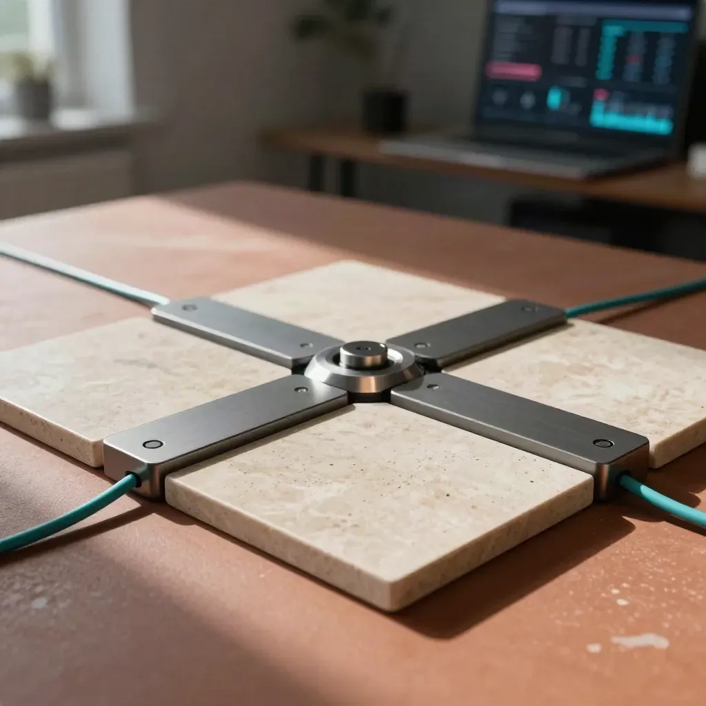 Linked CRM tiles, cable loop and hub on stone with teal accent in a hazy studio