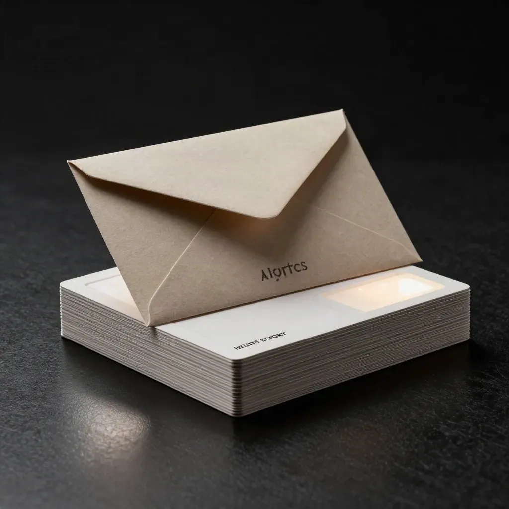 Dark studio product shot of a weekly reporting bundle with mailer, cards and slim screen slab.