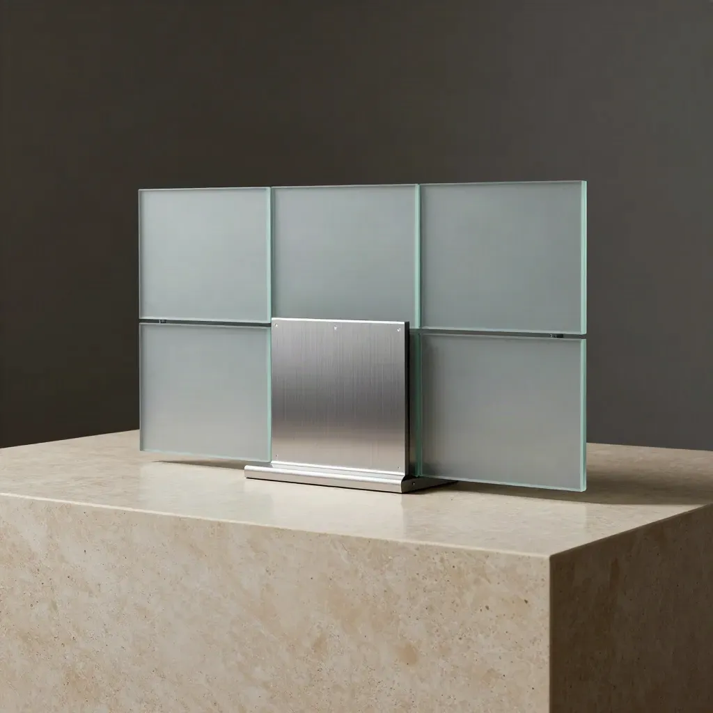 Premium modular client board with dashboard panels and two companion devices on limestone.