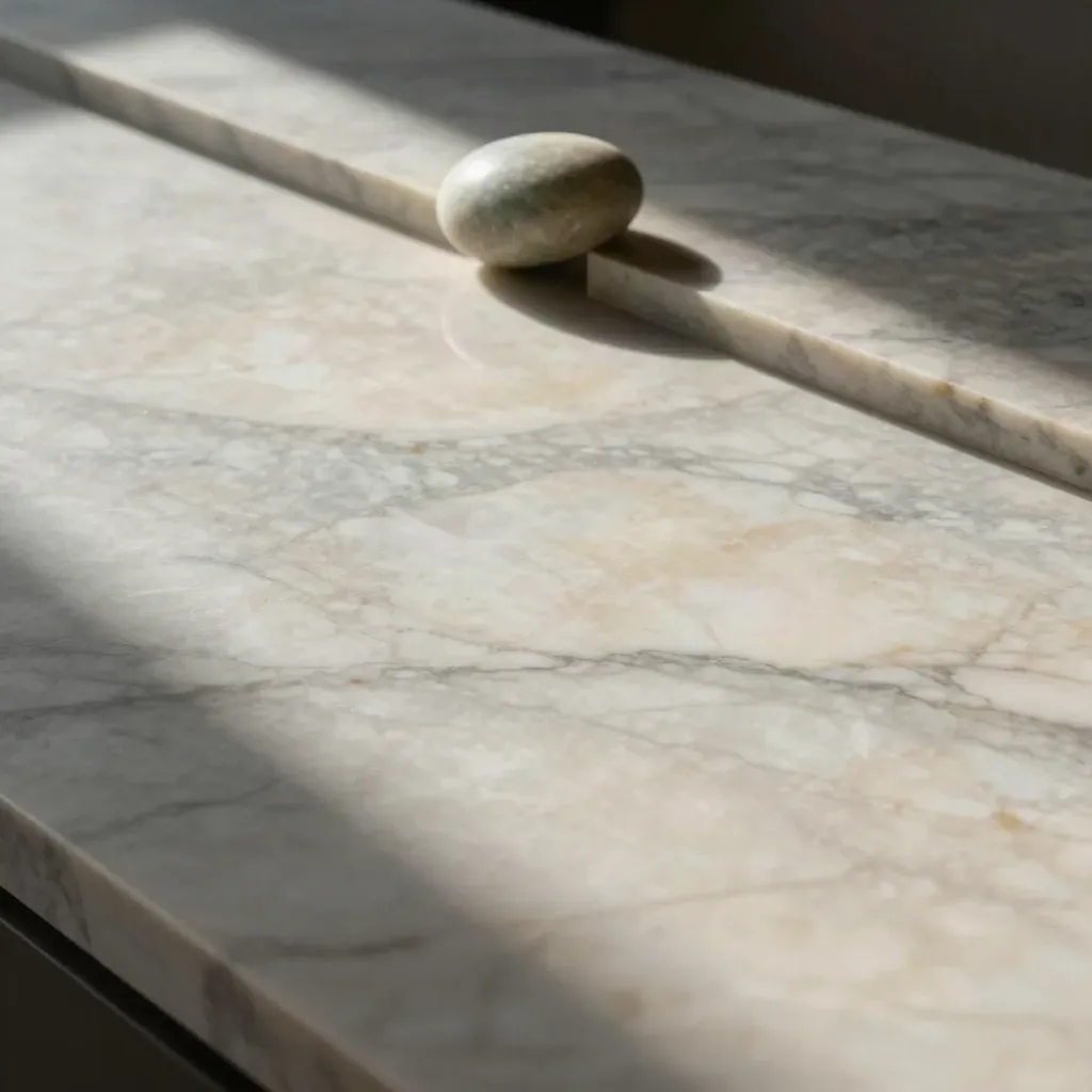 Sunlit Carrara marble plane with one rounded stone, shadowed top edge, calm open copy space below.