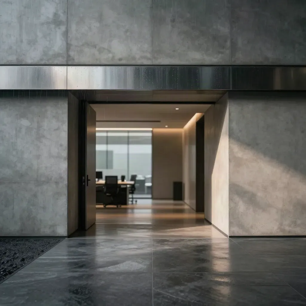 Concrete analytics corridor with rainlit doorway and calm empty floor for headline copy.