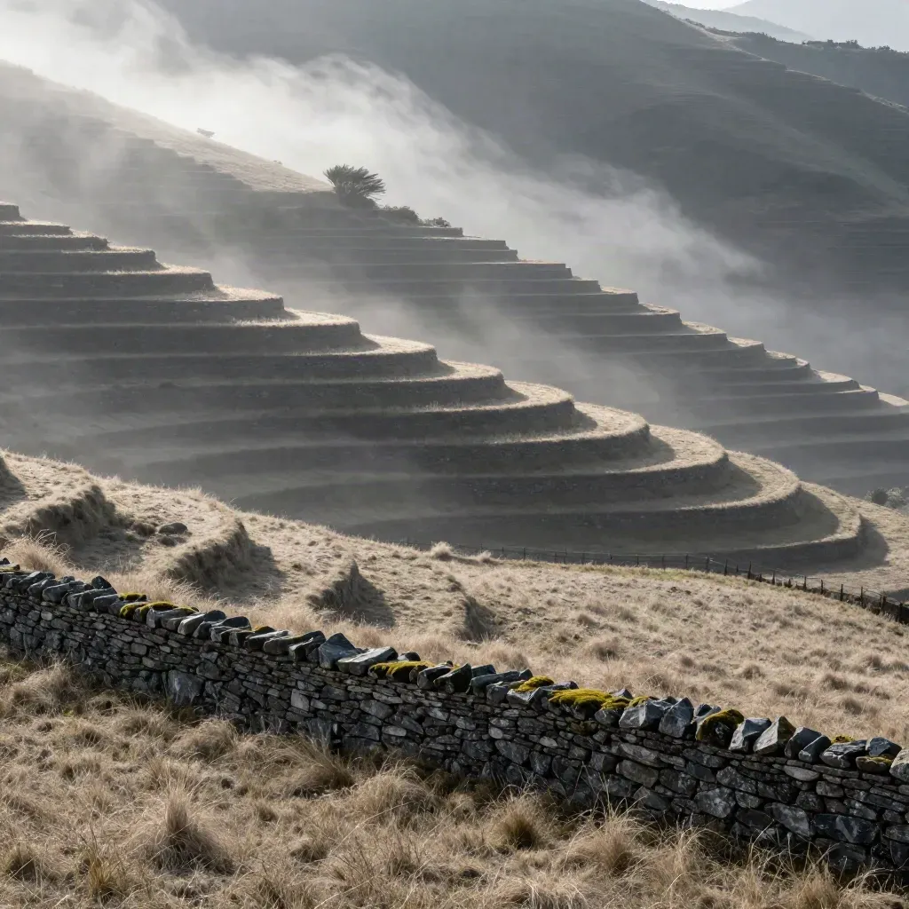 Misty terraced hillside with stone wall, lone shrub, and calm foggy valley below