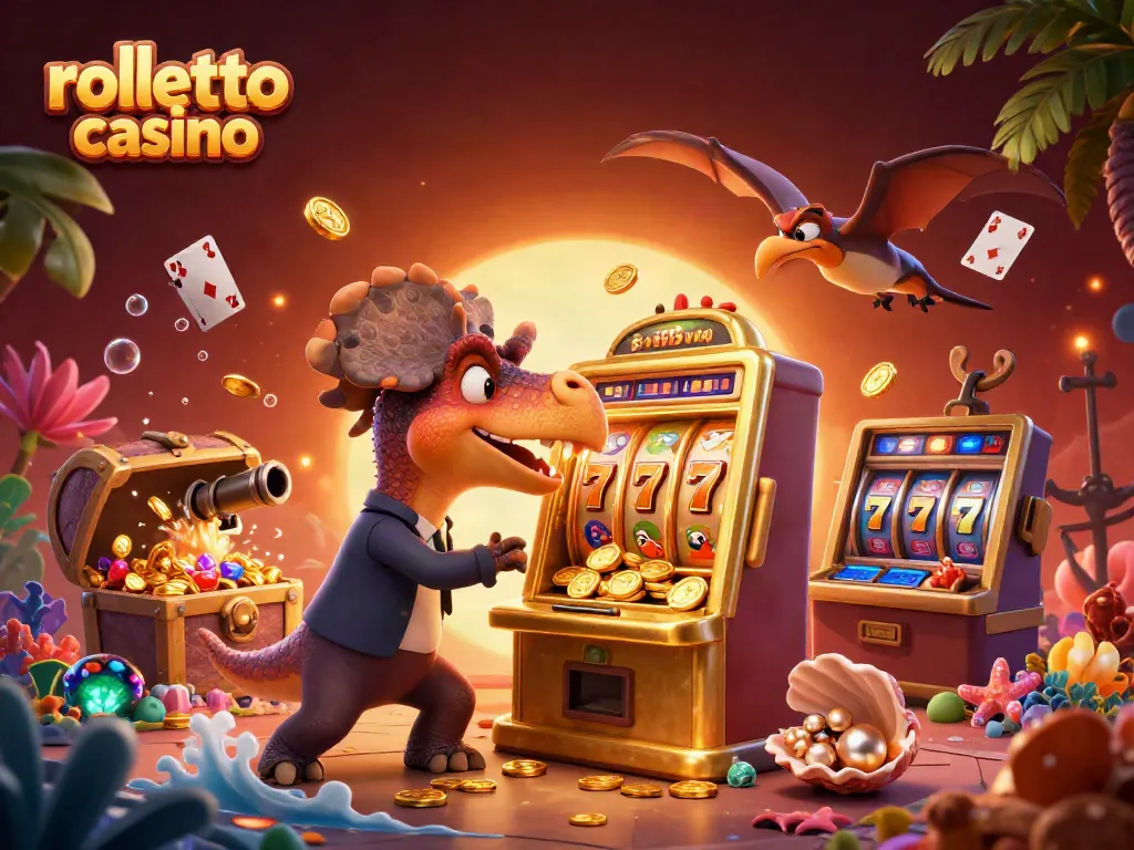 Engaging rolletto casino illustration of a dinosaur and golden slot machine celebrating a jackpot