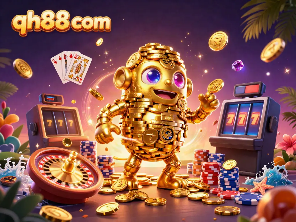 Engage with vibrant casino excitement at qh88 com featuring a golden golem amidst sparkling gems and coins.