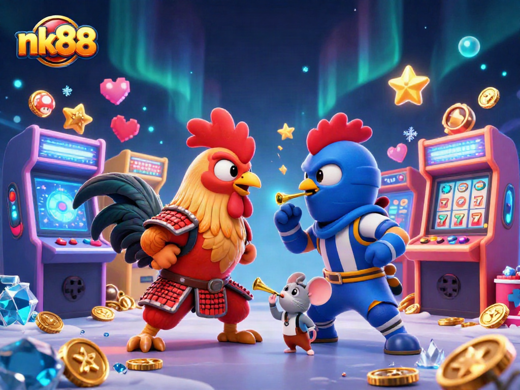 Engage in thrilling battles with nk88's fighting roosters in a colorful casino-inspired scene.