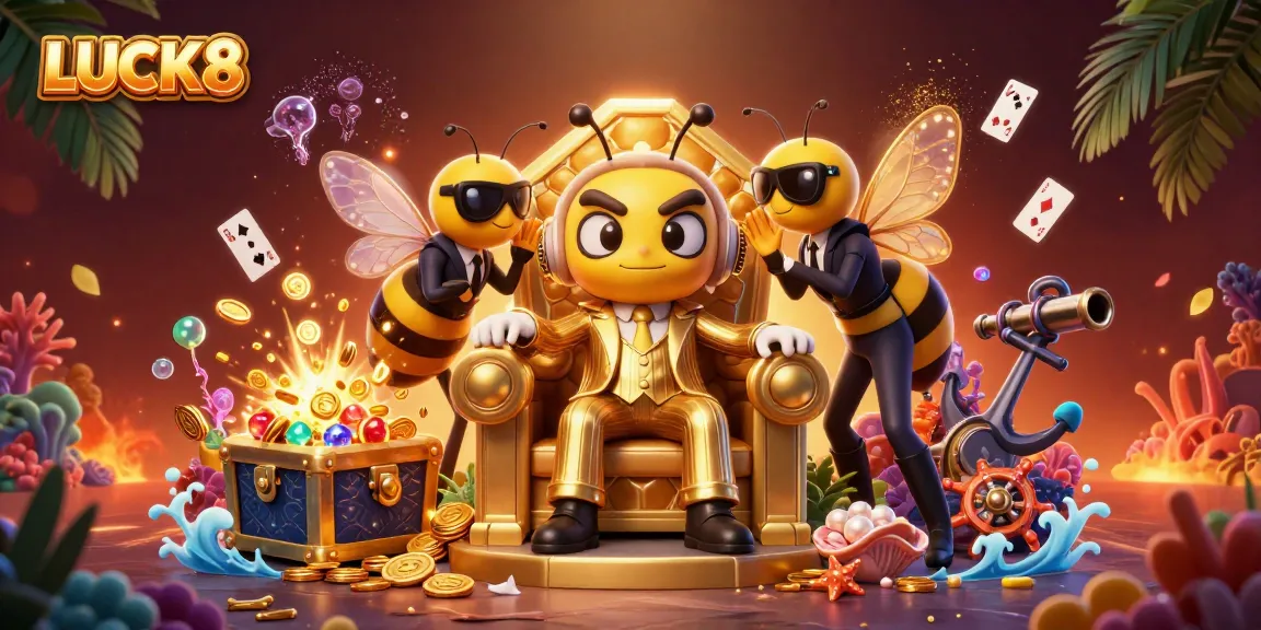 Engage with thrilling LUCK8 slots and games in this vibrant 3D illustration featuring animated characters and treasures.