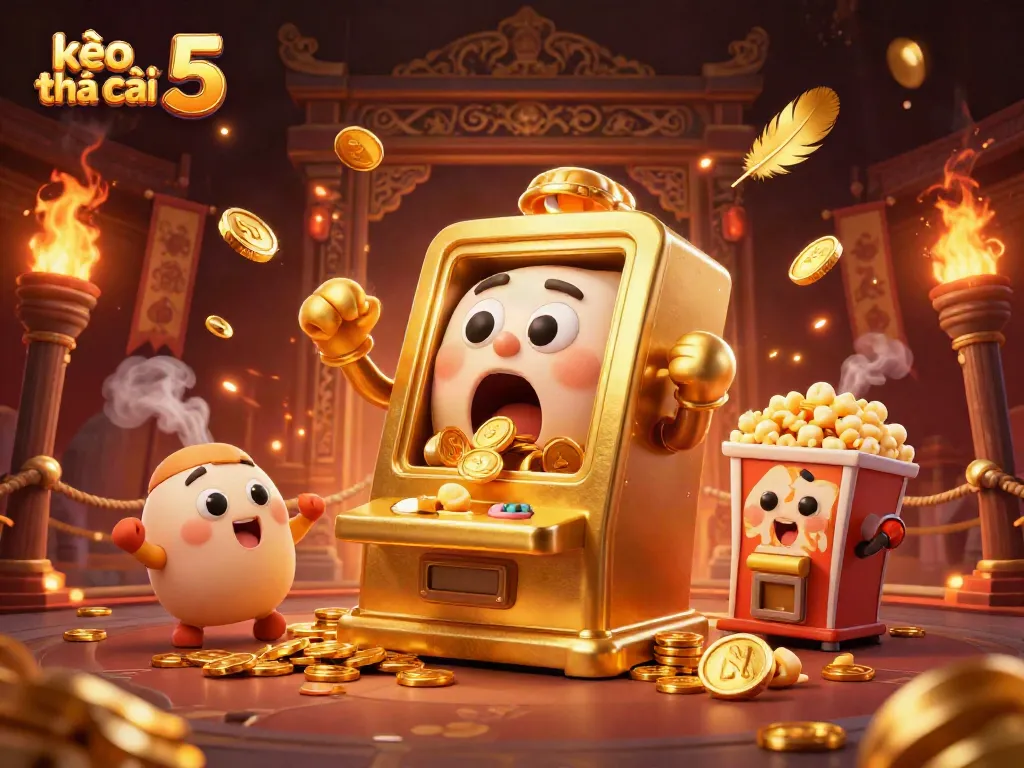 Experience the excitement of kèo nhà cái 5 with a golden slot machine winning big amid lively casino elements.