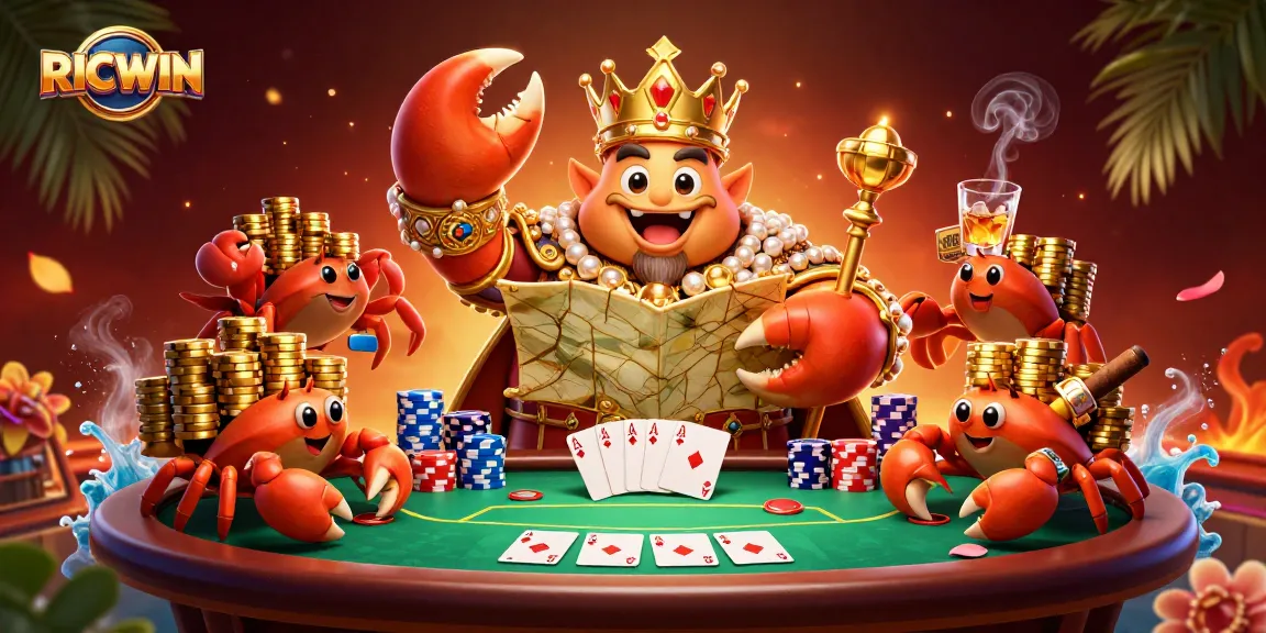 Engage in RICWIN's vibrant casino atmosphere featuring a golden crab emperor as the centerpiece.