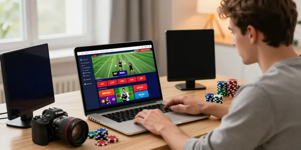 User placing bets on GEM88 online platform, showcasing dynamic gaming interface and modern home office.