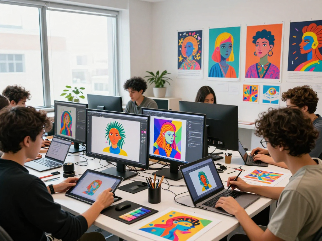 Collaborative digital artists creating NSFW AI designs in modern studio.