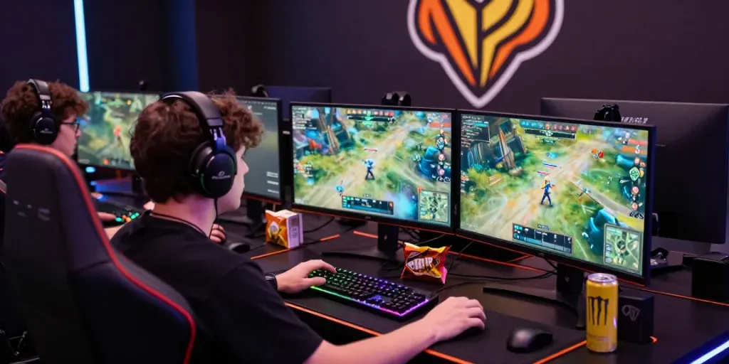 Engaged gamer at rokok88 esports event with multiple monitors and vibrant setup.