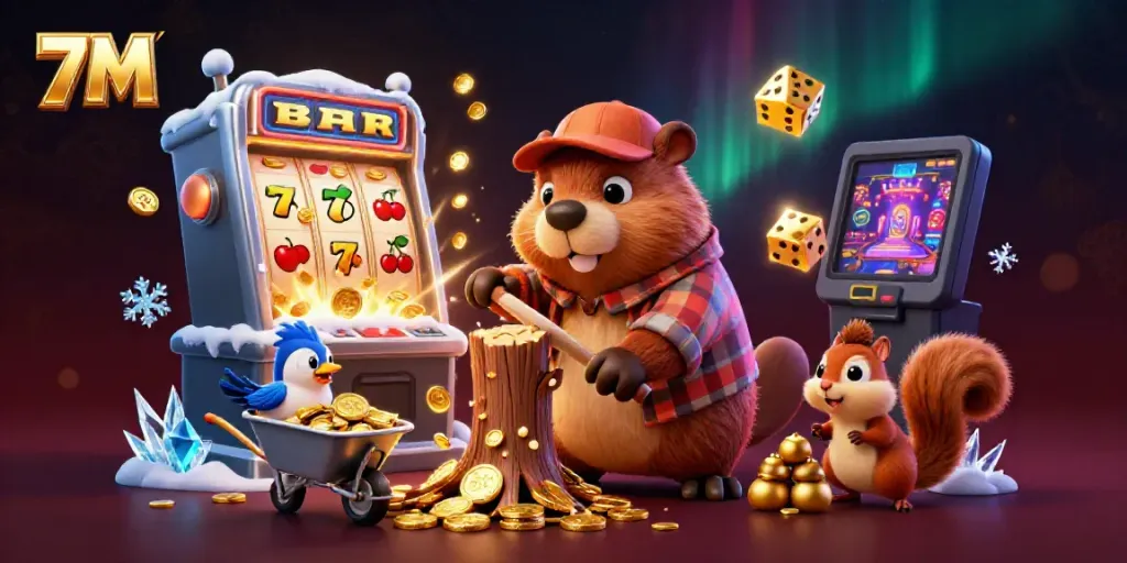 Experience thrilling casino action with 7M and engaging characters in a vibrant scene.