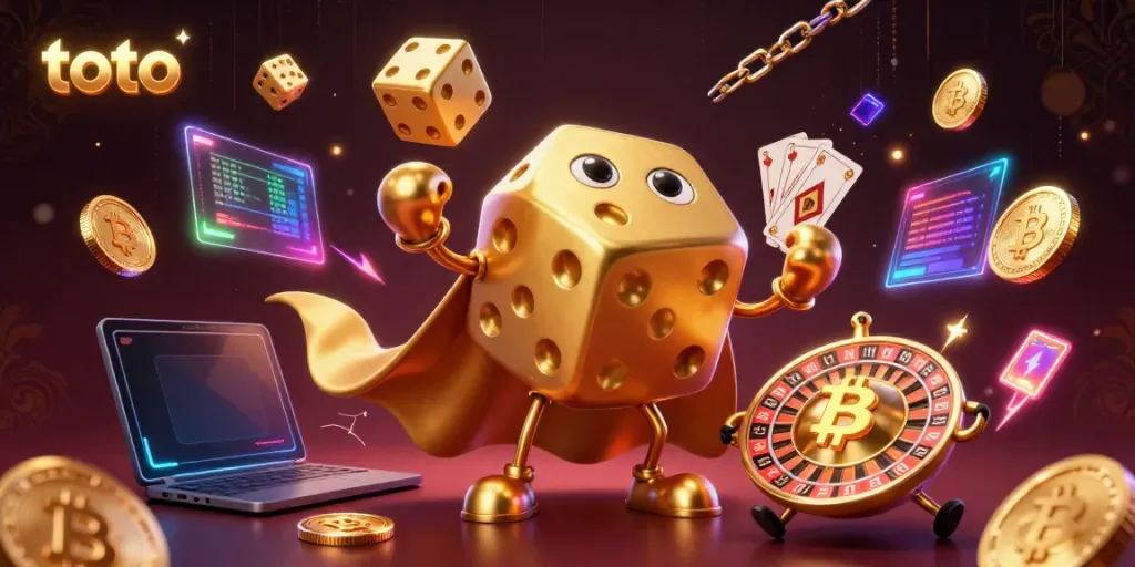 Experience thrilling wins with toto in a lively casino setting featuring vibrant 3D characters and crypto elements.