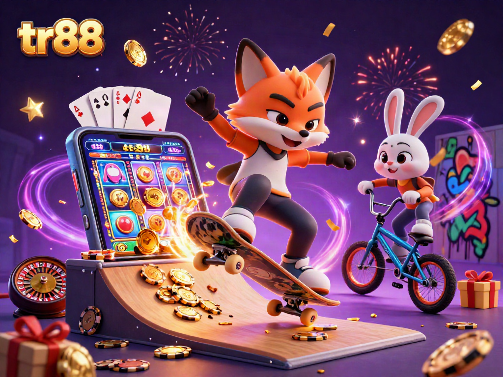 tr88 showcases vibrant casino fun with a skateboarder fox and BMX rabbit amid colorful slot action