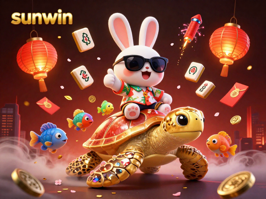 sunwin depicts a cheerful rabbit enjoying a casino adventure on a sea turtle amidst colorful game elements.
