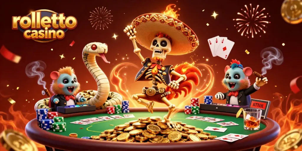 Experience the excitement of rolletto casino as vibrant characters celebrate with big wins and poker games.
