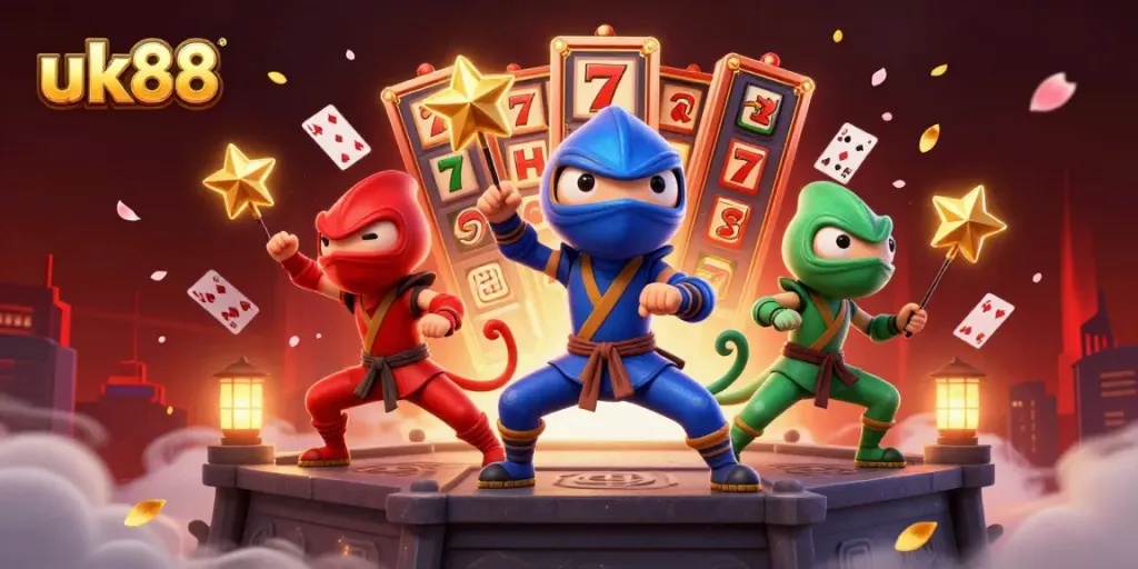 uk88 showcases a vibrant animated scene with chameleons and slot machines, depicting high-energy gameplay.